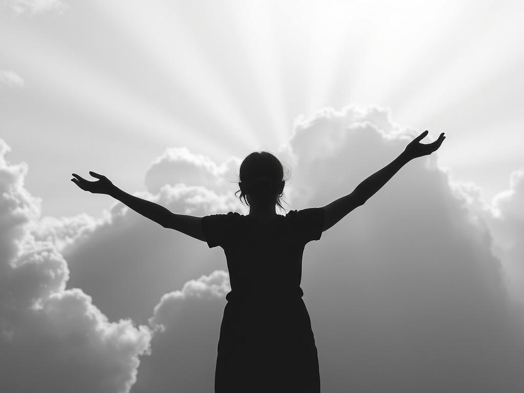 Create a realistic high-resolution black-and-white image that visually represents the concept of "Love in Heaven." The composition should focus on a single, ethereal figure, embodying warmth and serenity. This figure should be a soft, luminous silhouette of a person with arms gently outstretched, as if embracing the divine or welcoming a celestial presence.

In the background, use gentle clouds that create a soft, dreamlike atmosphere, enhancing the idea of heavenliness. The sky should appear expansive and 