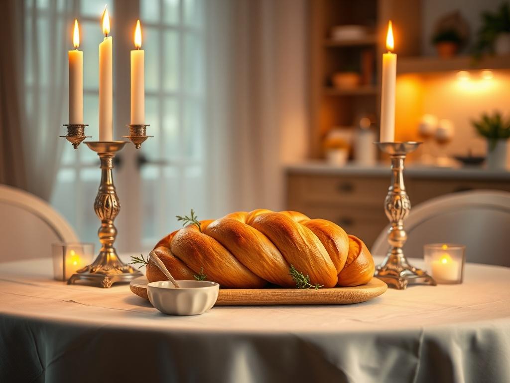 **Prompt for AI Image Generation:**

Create a realistic high-resolution image that captures the essence of the Jewish Sabbath day. The composition should be simple and clear, focusing on a single subject: a beautifully lit Shabbat table set with traditional elements. The table should be adorned with an elegant white tablecloth, featuring two ornate candlesticks with tall, flickering candles, casting a warm, golden glow. 

In the center of the table, place a braided challah bread, fresh and golden-brown, wit