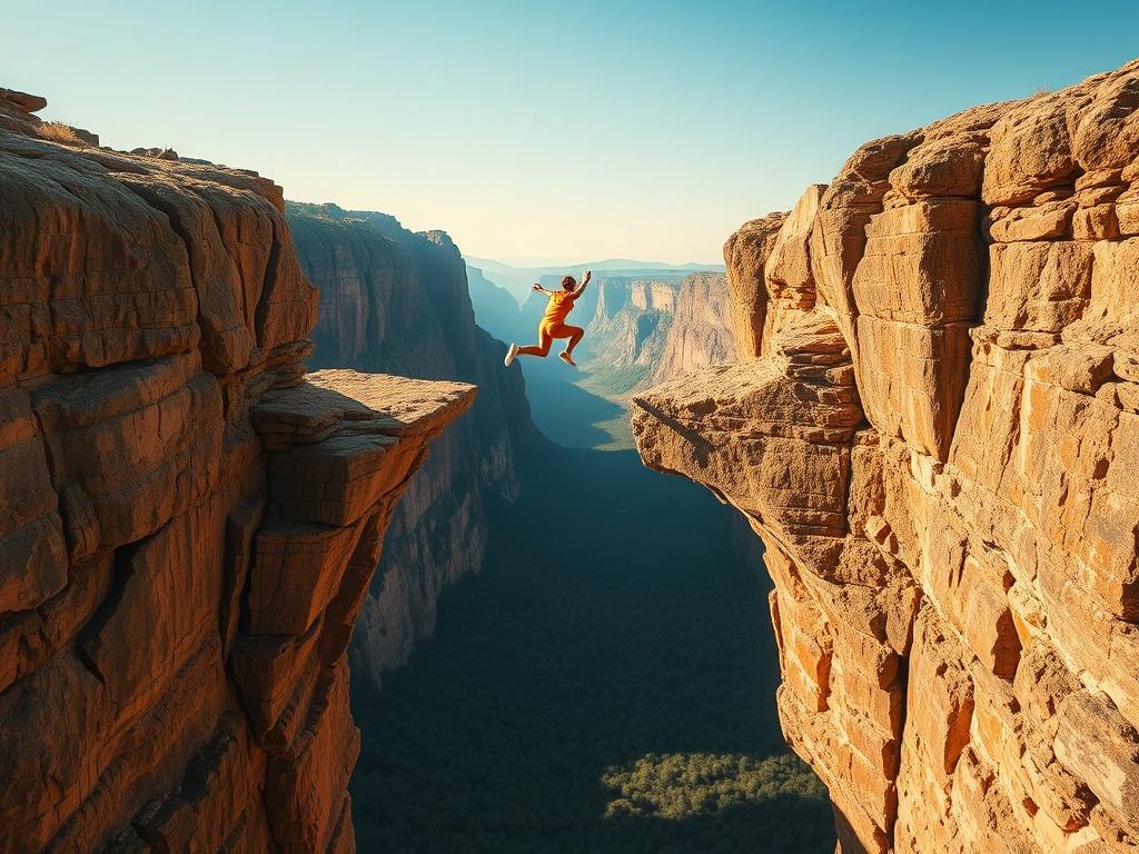 Create a realistic high-resolution image depicting a lone figure leaping from one cliff to another, showcasing a moment of bold action and determination. The composition should be simple and focused, with the figure positioned at the center of the frame, mid-air during the leap. Capture the subject wearing a brightly colored outfit to symbolize vibrancy and bravery, contrasting against the rugged cliffs. 

The background should feature a breathtaking landscape of steep, rocky cliffs that rise majestically o