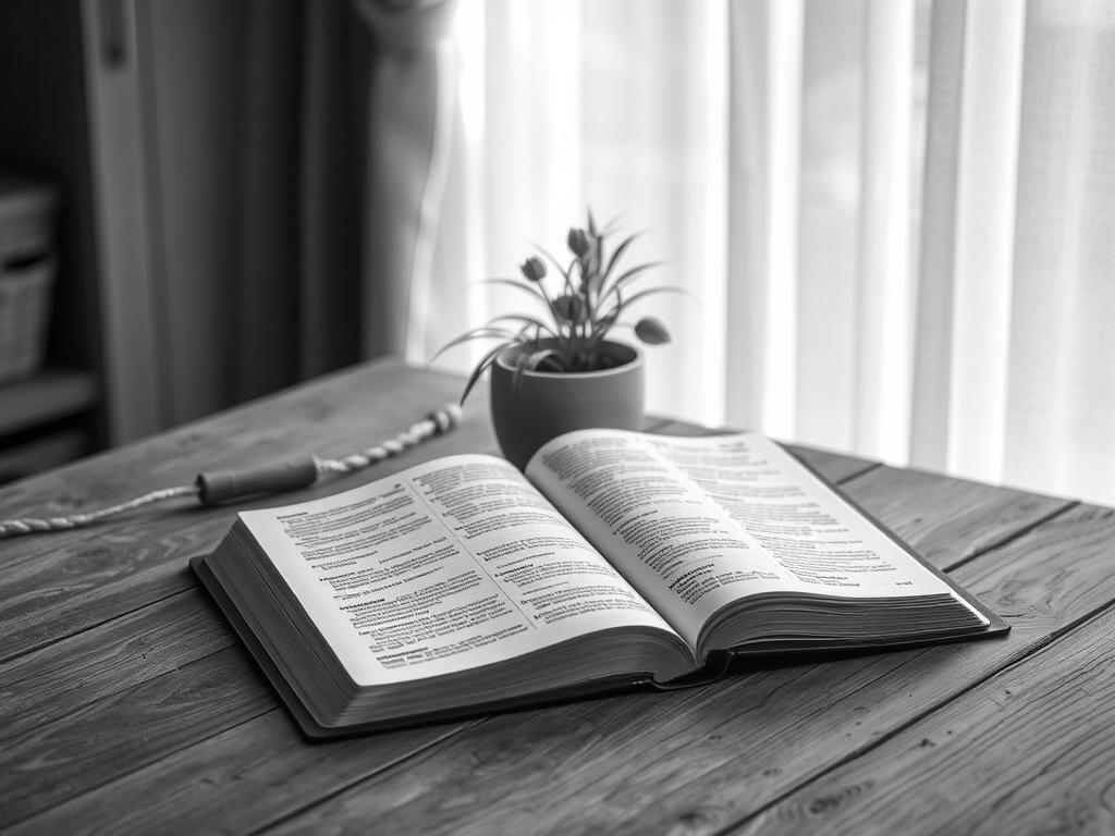 **AI Image Generation Prompt:**

Create a realistic high-resolution photo that visually represents the theme “Daily Bible Scriptures.” The composition should be simple and clear, featuring a single subject: an open Bible resting on a rustic wooden table. The Bible should be positioned centrally, with its pages gently fanned out to reveal beautifully printed text. 

In the background, incorporate soft natural light filtering through sheer curtains, casting gentle shadows and highlighting the textures of the 