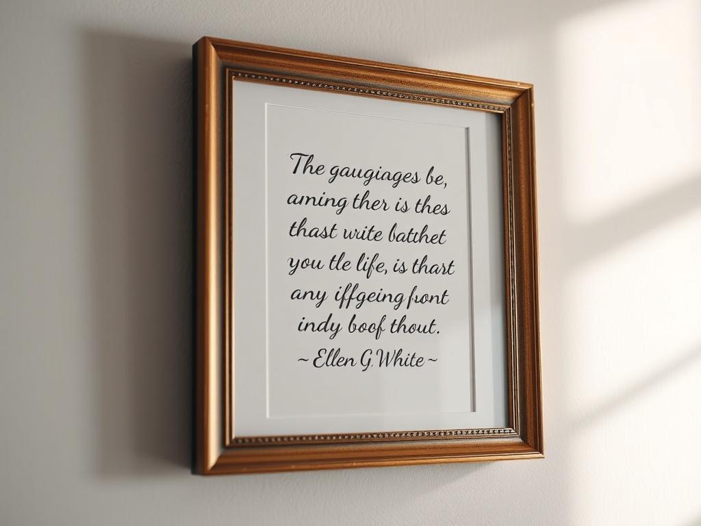 A close-up shot of a framed quote from Ellen G. White on a simple, elegant wall, with a soft light illuminating the frame. The background is blurred, focusing attention on the quote, which is beautifully written.