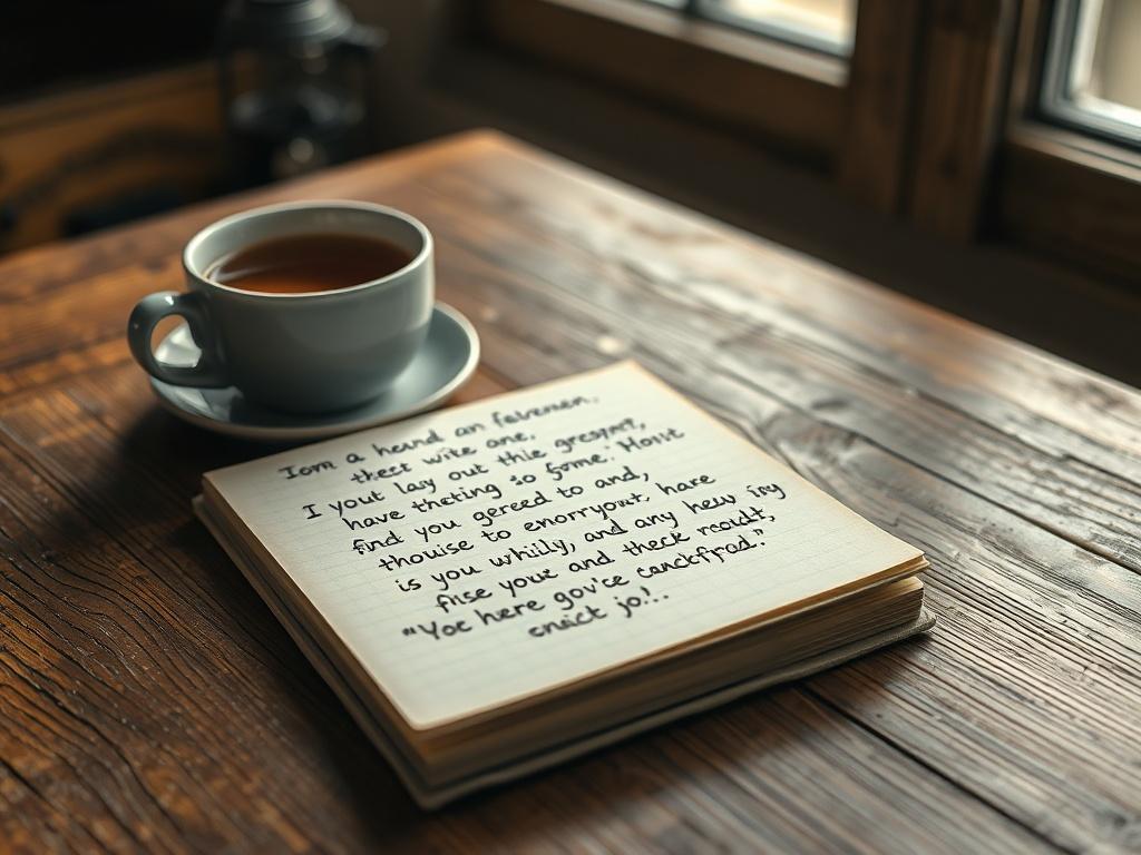 A close-up shot of a notepad with handwritten inspirational messages, placed on a rustic wooden table. A steaming cup of tea sits nearby, and a soft light filters in from a window, creating a warm and inviting atmosphere.