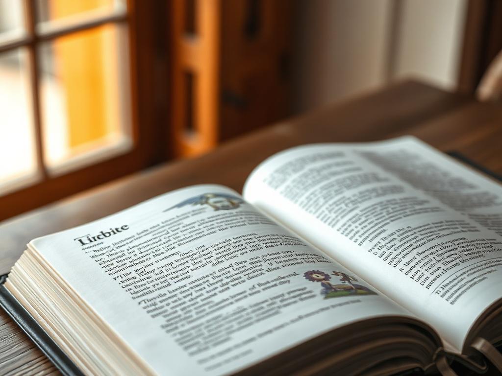 A close-up shot of an open Bible on a wooden table. The focus is on a beautifully illustrated verse, with soft natural light enhancing the texture of the pages. The background is blurred, emphasizing the Bible, with warm earthy tones creating a serene atmosphere.