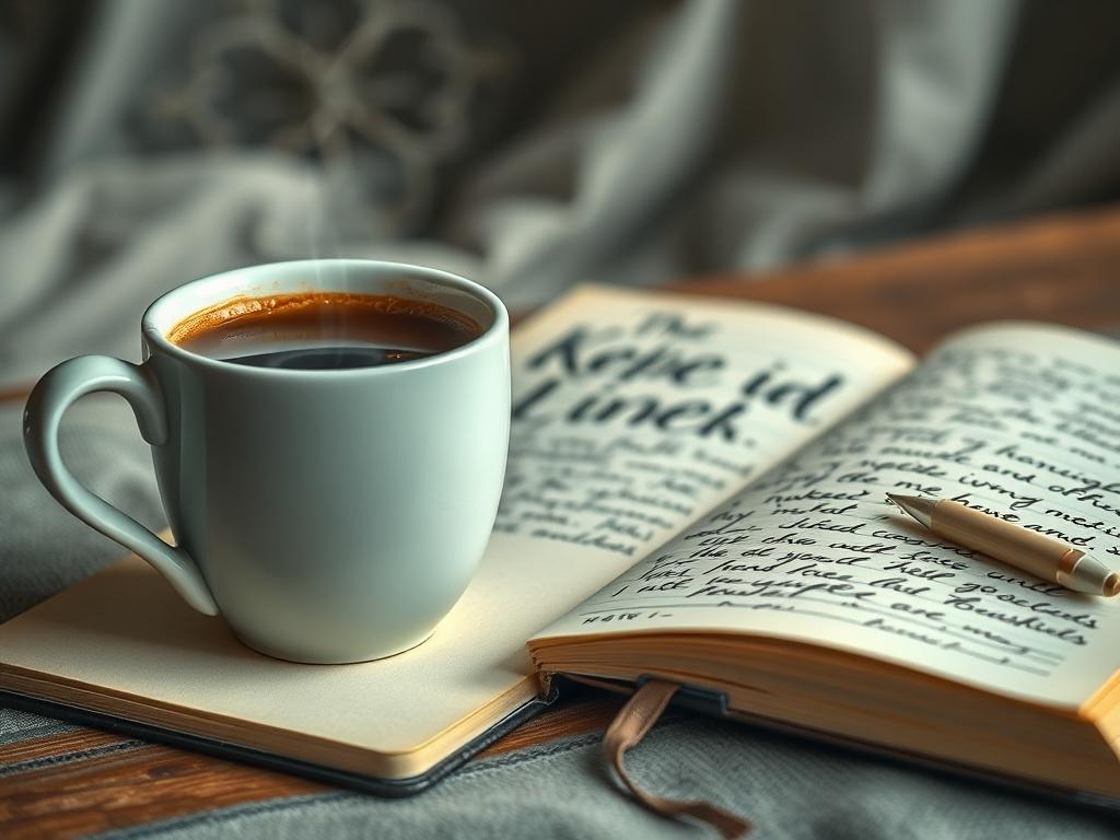 A close-up shot of a steaming cup of coffee placed next to an open notebook filled with handwritten reflections. The setting is cozy, with a softly lit backdrop that invites contemplation. The focus is on the cup and notebook, capturing a peaceful moment of introspection.