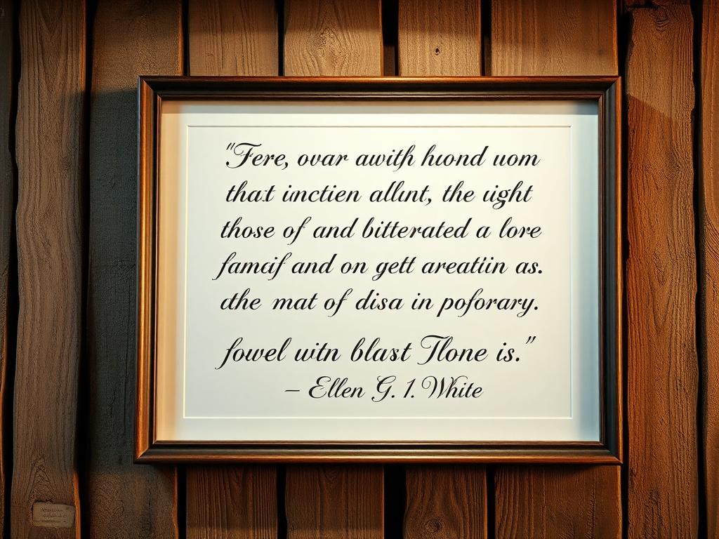 A high-resolution close-up of a beautifully framed quote by Ellen G. White, displayed on a rustic wall. The text is elegantly written, surrounded by soft lighting that highlights the frame and gives a warm atmosphere. The background is subtly blurred to keep the focus on the quote.