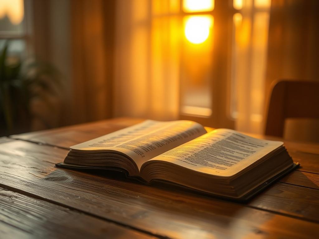 A serene and cozy scene featuring a closed Holy Bible resting on a wooden table, illuminated by soft golden light from a sunset streaming through a nearby window. The background should include soft, warm hues that create a peaceful atmosphere, with gentle shadows enhancing the calm ambiance. The focus should be on the Bible, symbolizing reflection and inspiration, inviting viewers to connect with their spirituality.