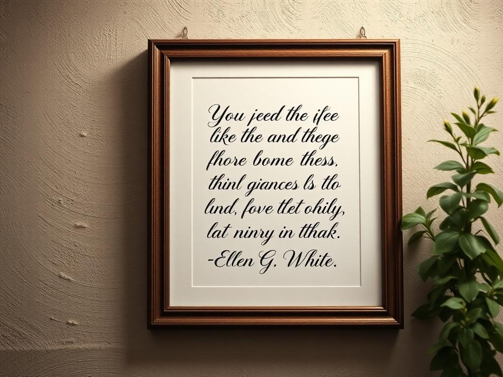 A close-up shot of a beautifully framed quote from Ellen G. White, elegantly displayed on a rustic wall. The quote is handwritten in calligraphy, surrounded by soft, natural lighting. The background features subtle greenery, creating a calm and inspiring ambiance.