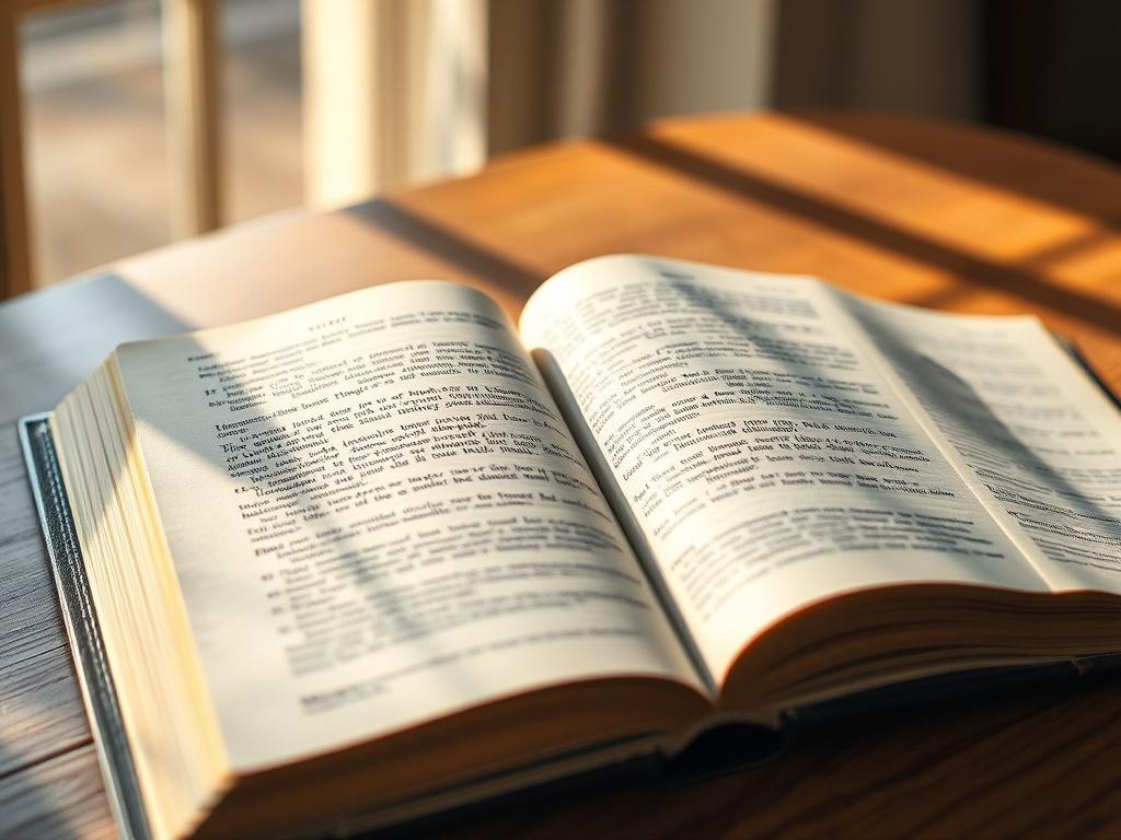 A hyper-realistic close-up of an open Bible on a wooden table, with sunlight filtering through a window, casting soft shadows. The focus is on the pages of the Bible, showcasing beautifully printed text. The background is softly blurred, enhancing the serene atmosphere.