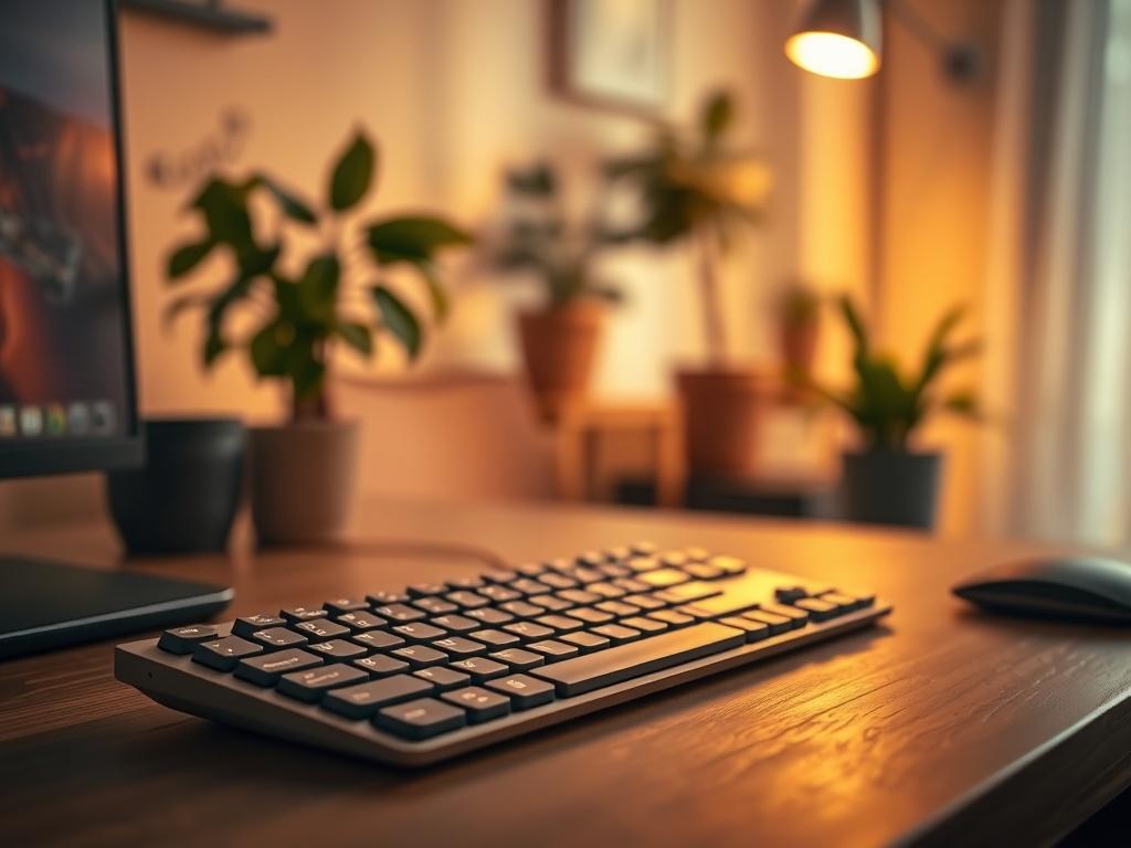 A realistic high-resolution photo of a sleek, modern computer keyboard placed on a wooden desk. The keyboard should be the focal point, showcasing its design with soft lighting that creates a warm, inviting atmosphere. In the background, there should be a blurred view of a cozy office space, featuring plants and soft color tones of gold and green, enhancing the serene ambiance.