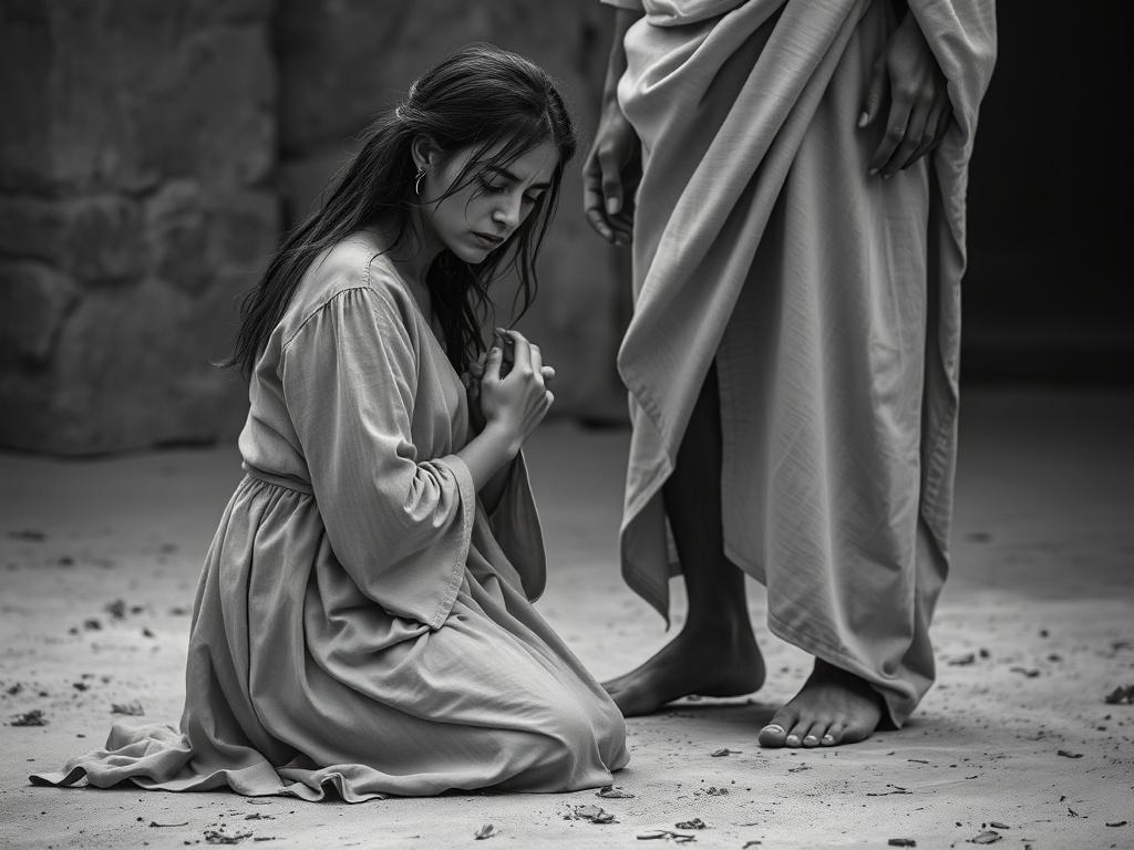 Create a highly realistic high-resolution black and white image depicting a woman caught in adultery, kneeling at the feet of Jesus. The composition should be simple and clear, focusing solely on the interaction between the woman and Jesus. 

The woman should appear distressed and remorseful, with disheveled hair and clothes that reflect her vulnerable state. Her hands can be clasped together in front of her, or she might have her head bowed, showcasing her emotional turmoil. Jesus, depicted with a compassi