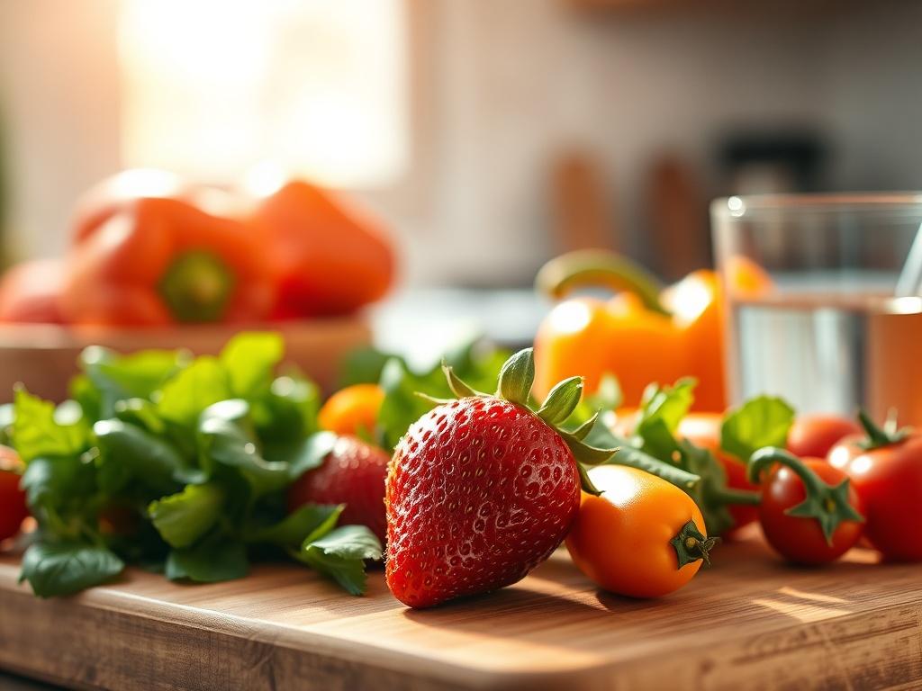 Create a realistic high-resolution photo capturing a single vibrant fruit – a ripe, red strawberry – surrounded by an array of fresh, colorful vegetables like leafy greens, orange bell peppers, and cherry tomatoes. The composition should be simple and clear, focusing solely on the strawberry as the main subject, which should be placed in the foreground. 

In the background, include a soft-focus, sunlit kitchen setting with natural sunlight streaming through a window, casting gentle shadows and highlighting 