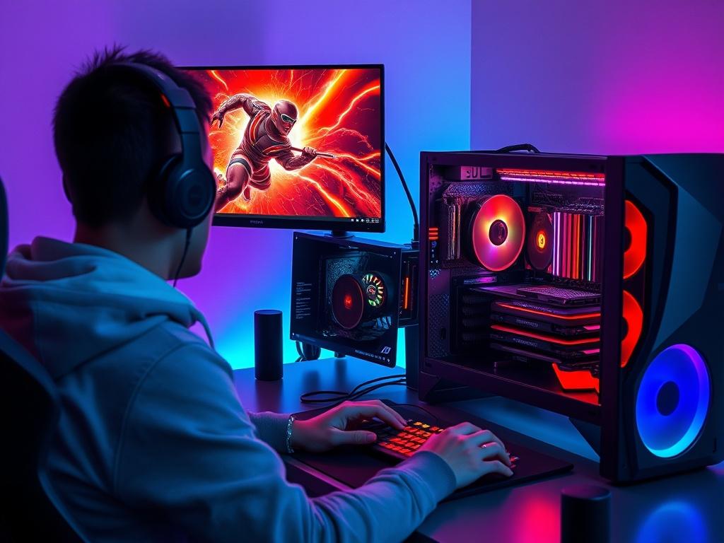 A realistic high resolution image of a gamer focused on