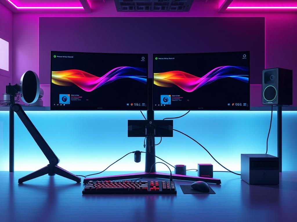 A high resolution image showcasing an advanced gaming setup, featuring