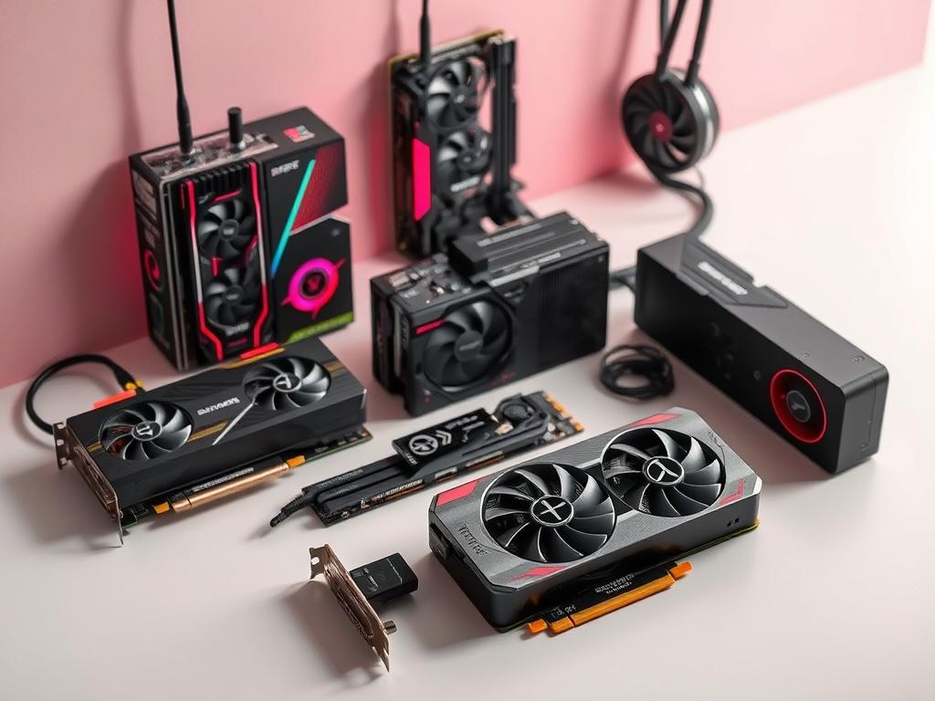A high resolution of various gaming hardware components, like graphics