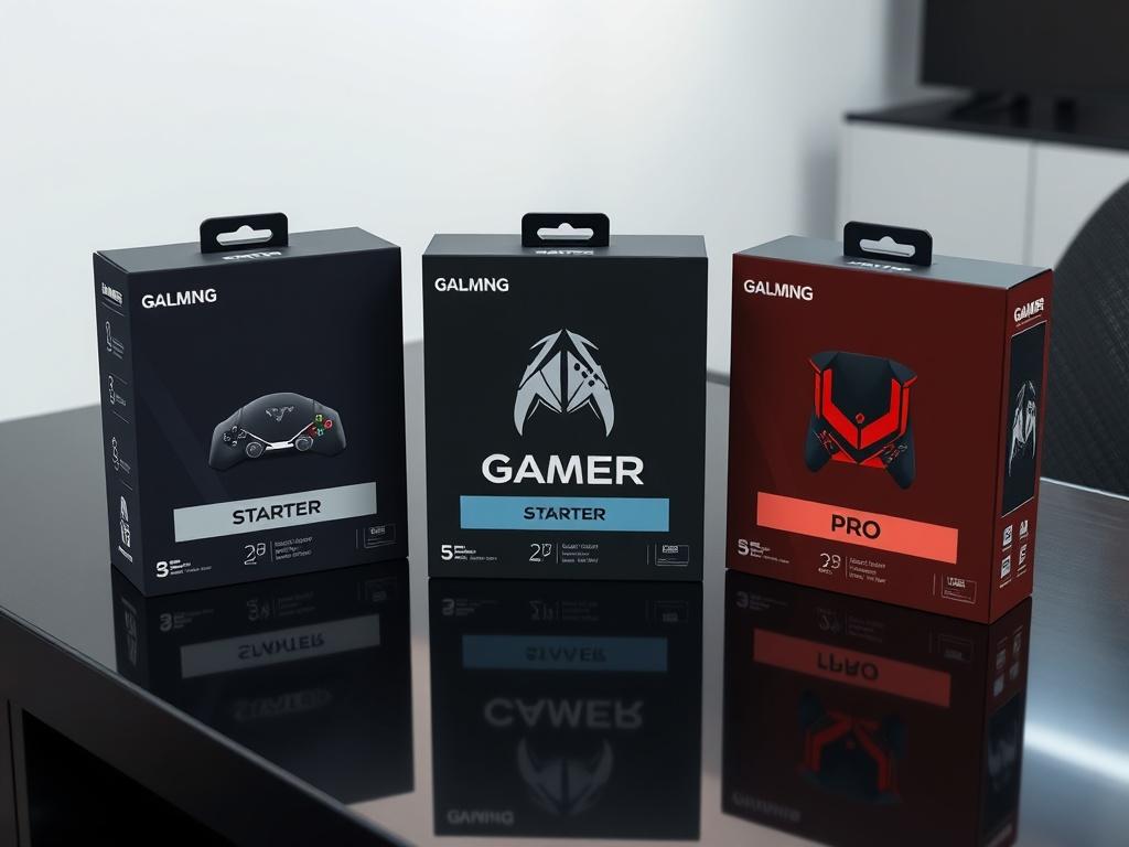 A high resolution of three distinct gaming packages displayed on