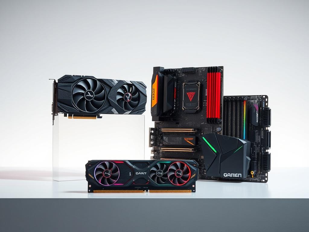 A realistic image of a variety of gaming hardware components displayed on a clean, modern surface. The components include a high-performance GPU, RAM, and a gaming motherboard, showcasing their sleek designs and vibrant colors. The background is minimalistic, emphasizing the components, with soft lighting highlighting their features.