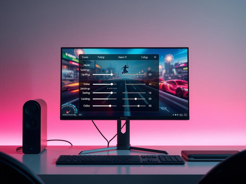A high-resolution image of a gaming monitor displaying a vibrant game scene, with an overlay of in-game settings being adjusted. The background is sleek and modern, emphasizing a high-tech gaming environment. The focus is on the screen, showcasing vibrant colors and dynamic graphics, with soft lighting highlighting the gaming setup.