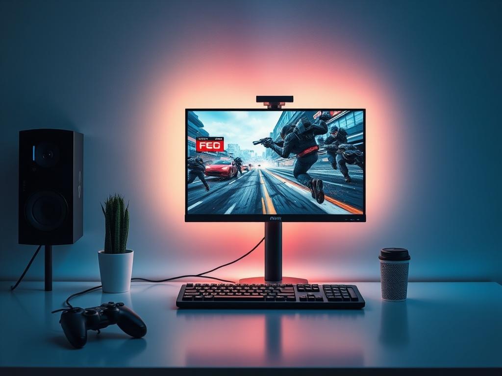 Create a highly realistic, high-resolution image that embodies the theme of a blog post titled "Conseils pour Augmenter vos FPS." The composition should focus on a single, central subject: a sleek and powerful gaming PC setup. This setup includes a modern gaming monitor displaying an action-packed gaming scene that suggests high FPS performance. The image should feature vibrant colors and sharp details in the gaming graphics on the screen, making it visually striking.

The background should be minimalistic 