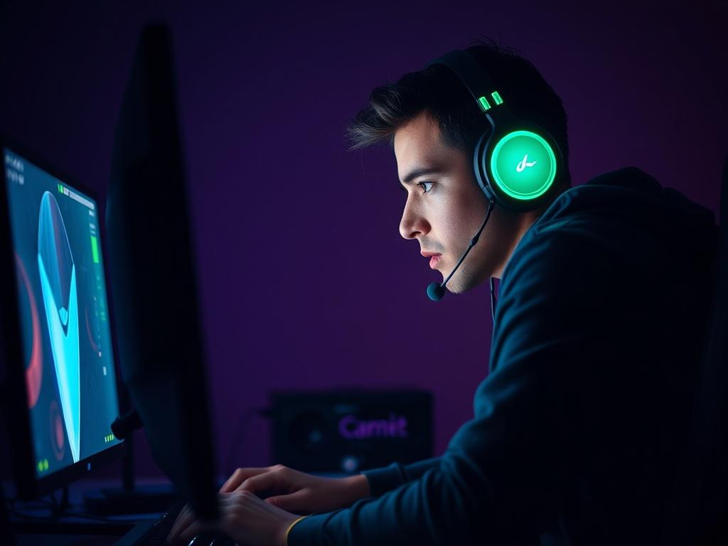 A photorealistic image of a gamer intensely focused on a computer screen, illuminated by the glow of the screen. The background is minimalistic and dark to emphasize the bright colors of the game. The gamer is wearing a headset, showcasing an expression of concentration and determination. The setting is a modern gaming setup with clean lines and vibrant colors, reflecting a high-performance environment.
