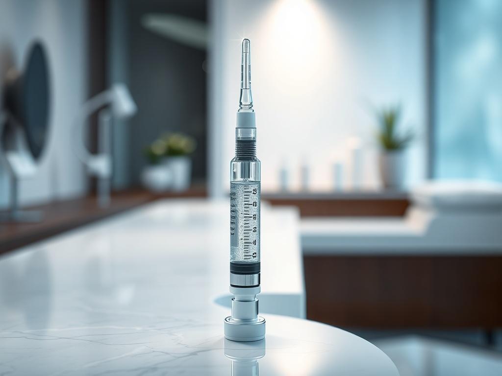**AI Image Generation Prompt:**

Create a realistic high-resolution photo focused on a single subject: a sleek, modern syringe filled with a clear, shimmering liquid representing Jeuveau or Daxxy, prominently displayed in the foreground. The syringe should be artistically positioned on a polished white marble countertop, emphasizing its sophisticated design. 

In the background, include subtle hints of a well-appointed med spa environment, such as soft ambient lighting, blurred spa equipment, and a calming 