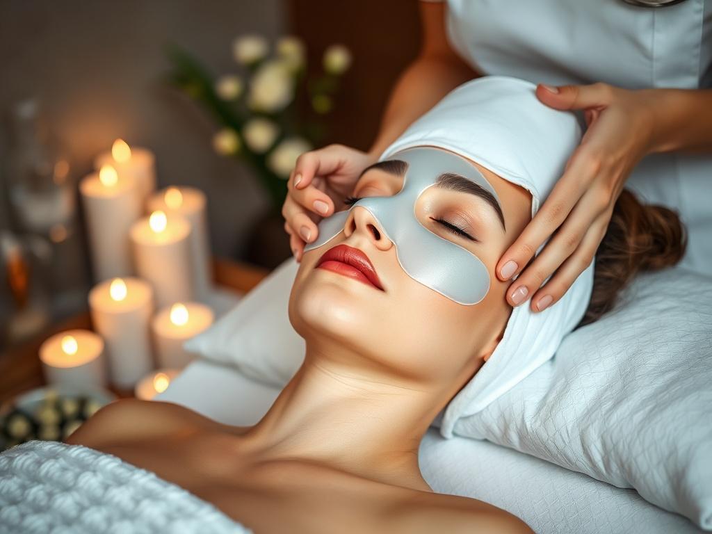 A tranquil spa room with candles and soft linens. A nurse applies a calming mask to a client, who looks serene and relaxed. The scene should convey a sense of luxury and comfort, incorporating elements like fresh flowers and gentle lighting that enhances the rejuvenating experience.