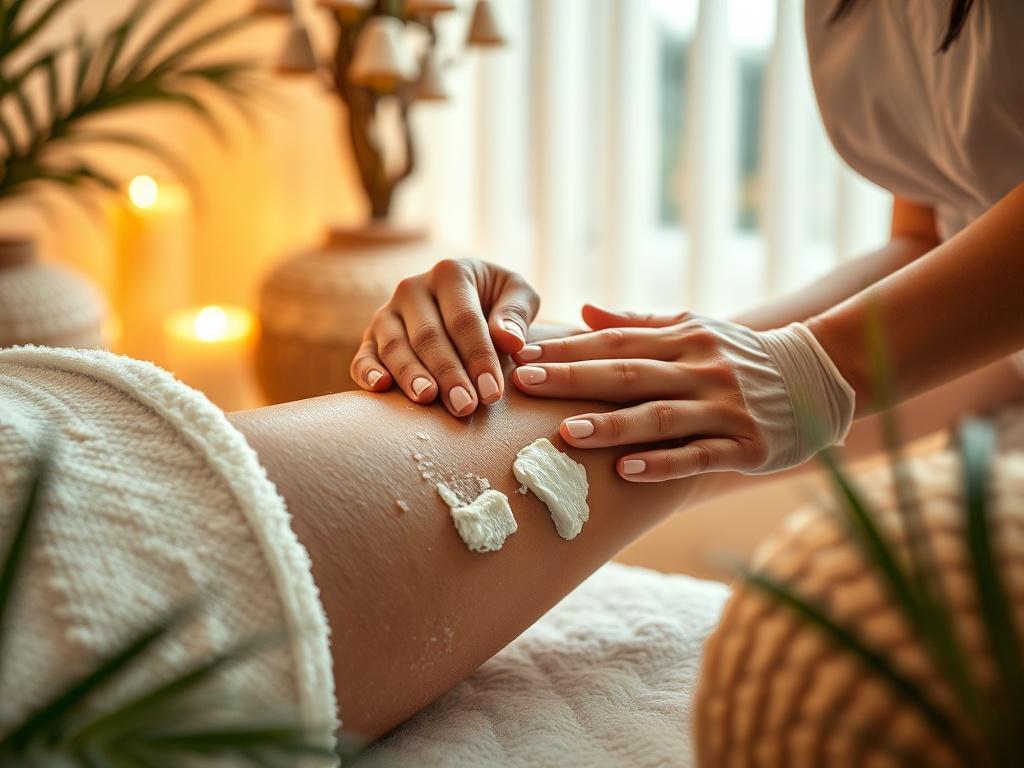 Close-up of a spa treatment in progress, with a therapist applying an exfoliating scrub to a client's leg. The surrounding is filled with soft lighting, warm colors, and natural elements like plants, creating an inviting atmosphere. The focus should be on the luxurious texture of the scrub and the client's relaxed expression.