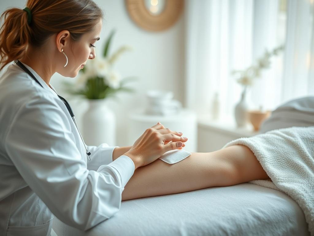 A serene spa setting featuring a soft white treatment table, surrounded by soothing decor. A nurse gently applies a hydrating treatment to a client's arm, ensuring a comforting atmosphere. The background should be softly blurred, showcasing calming colors and natural light filtering through, emphasizing a sense of tranquility and care.