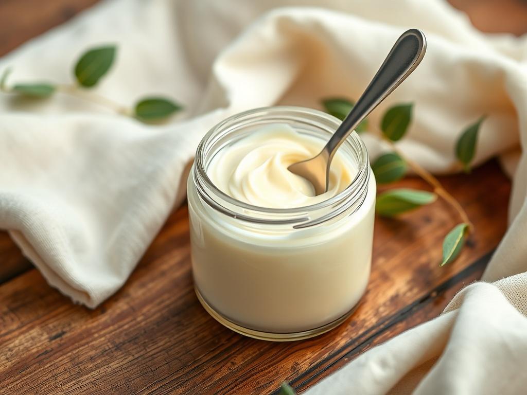 A close-up shot of a jar of creamy body butter with a spoon, placed on a wooden surface. The background features soft, natural elements like a few green leaves and a light-colored cloth, creating a serene and inviting atmosphere. The focus is on the jar, highlighting the smooth texture of the body butter.