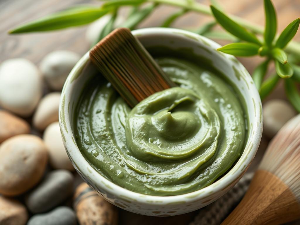 A close-up shot of a small bowl filled with a green clay mask, accompanied by a brush for application. The background includes soft spa elements like pebbles and a fresh green plant, creating a calming ambiance. The focus is on the bowl, showcasing the thick, rich texture of the clay mask.