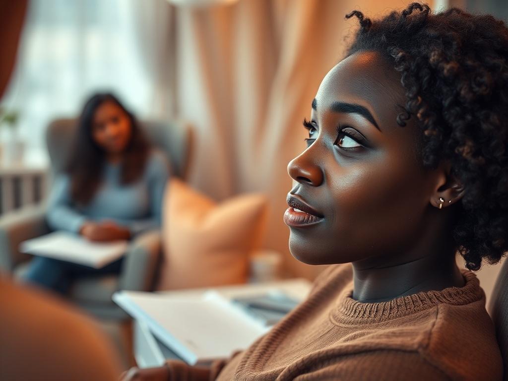 A close-up shot of a black woman sitting comfortably in a therapy room, expressing emotions. She is looking thoughtfully at the therapist, with notes and a cozy chair in the background. The lighting is warm and inviting, creating a supportive atmosphere. The focus is on her face, capturing a moment of reflection and connection.
