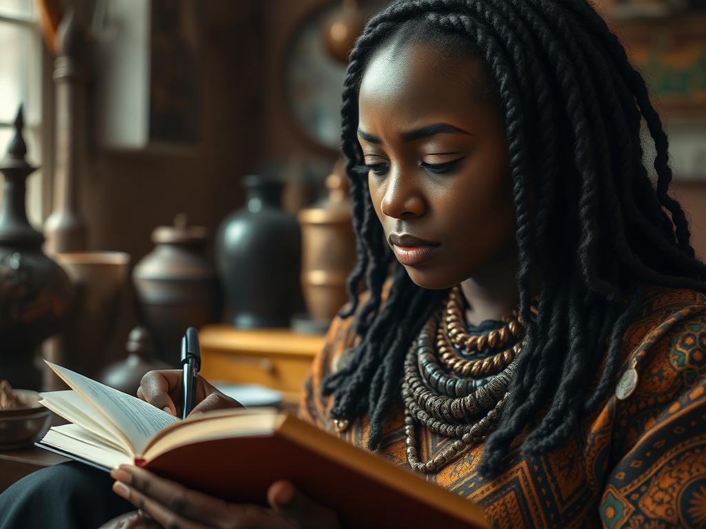 A contemplative black woman in a serene setting, surrounded by cultural symbols and artifacts. She is engaged in writing or reflecting in a journal, with soft natural lighting enhancing the mood of introspection. The focus captures her deep thoughtfulness and connection to her roots.