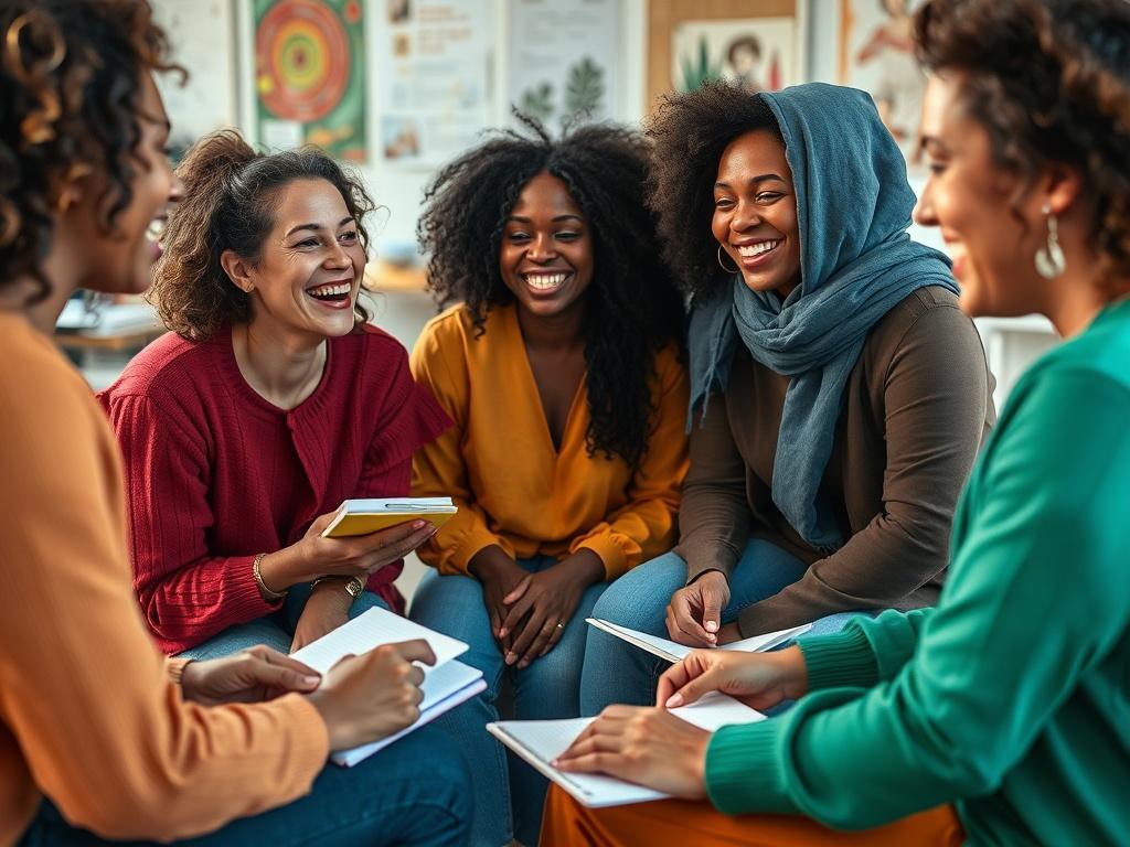 A vibrant group of diverse women engaging in a workshop setting, seated in a circle. They are animatedly sharing ideas, with notebooks and art supplies around them. The atmosphere is lively and supportive, highlighting the importance of community and connection. The focus captures their expressions of joy and understanding.