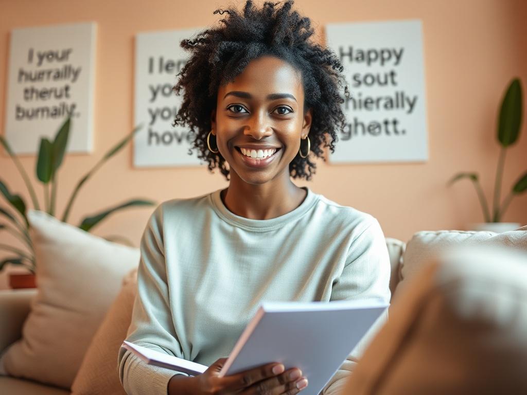 A close-up of a confident woman of mixed heritage smiling during a therapy session, with a notepad in hand. The setting is bright and inviting, featuring soft cushions and motivational quotes on the walls. The background includes a potted plant and a warm color palette, creating a positive and uplifting environment. The image captures the essence of empowerment and self-discovery.