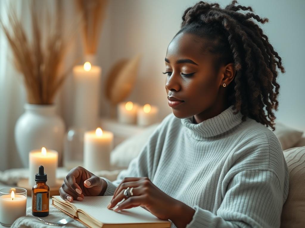 A close-up of a serene woman of black heritage practicing self-care in a peaceful environment. She is surrounded by candles, essential oils, and a journal, showing a sense of calm and mindfulness. The background features soft lighting and nature-inspired decor, promoting relaxation and wellness. The image should convey a feeling of tranquility and personal growth.