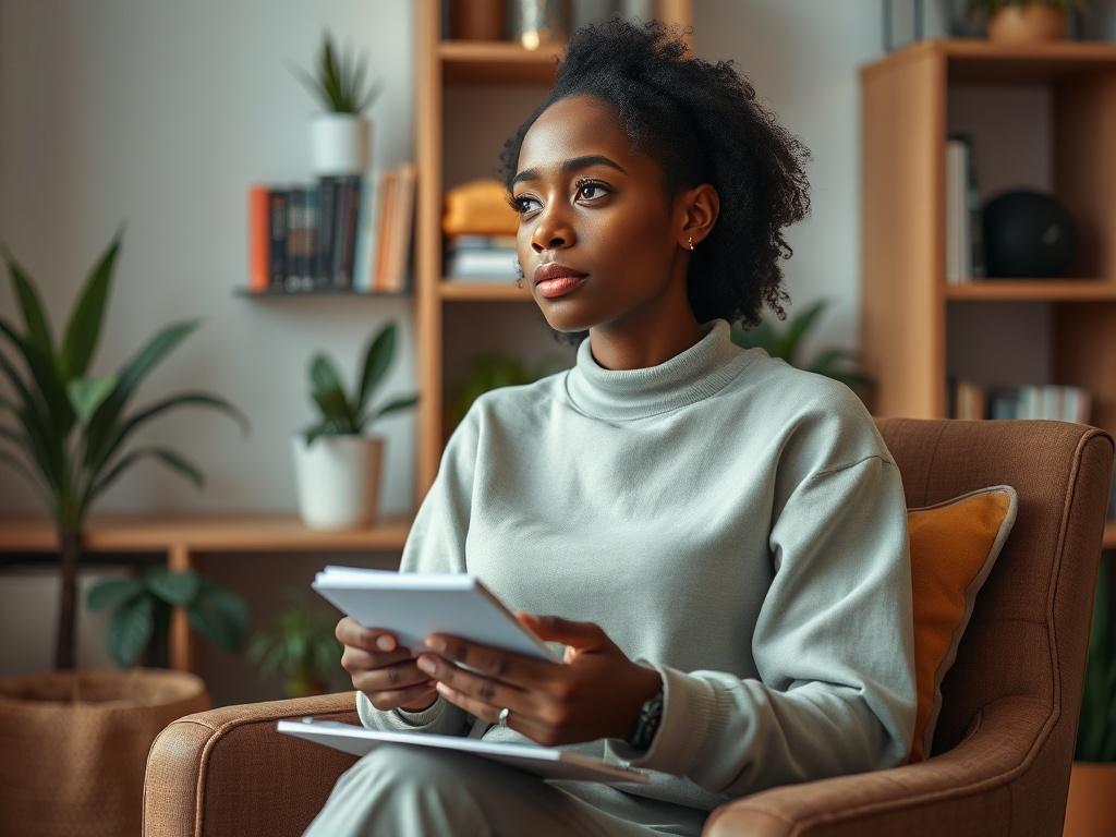 A close-up shot of a thoughtful woman of black heritage in a cozy therapy setting, with warm lighting and calming decor. She is sitting comfortably on a chair, holding a notepad and pen, looking engaged and reflective. The background subtly features shelves with books and plants, creating a serene atmosphere. The color scheme includes shades of green and earth tones, evoking a sense of tranquility.