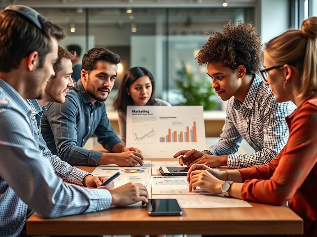 A close-up of a marketing team brainstorming around a table with digital devices and marketing charts. The setting should reflect a modern office environment, with bright lighting and a focus on collaboration. The image should capture the energy and creativity of the team as they strategize, showcasing diverse individuals actively engaged in discussion.