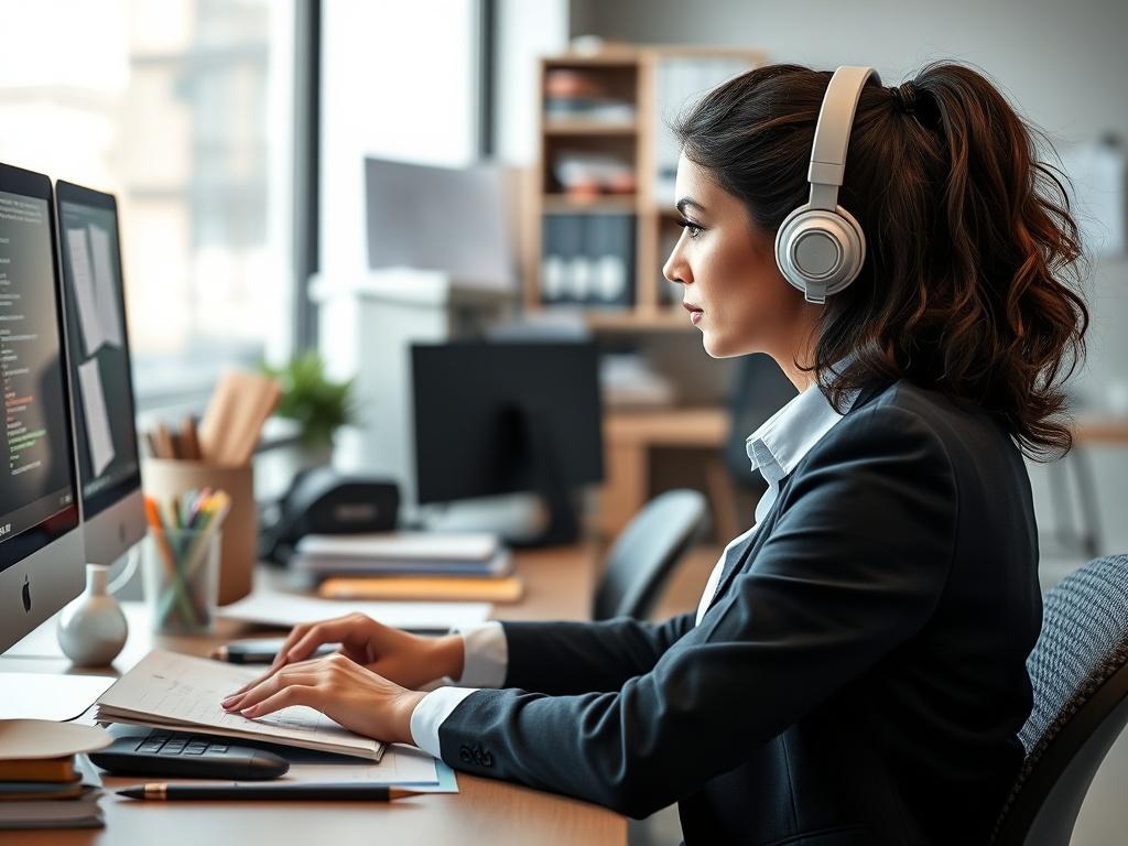 A close-up shot of an administrative professional working at a computer with organized paperwork and office supplies around. The background should depict a tidy, modern office space, highlighting the professionalism and efficiency of administrative support. The image should convey a sense of focus and productivity.