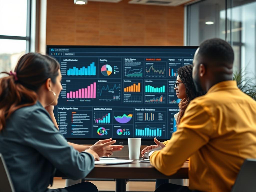 A close-up of a team collaborating on a digital workflow on a large screen, with charts and graphs displayed. The setting should reflect a dynamic team environment, showcasing diverse individuals actively discussing and engaging with the workflow. The background should be modern and vibrant, emphasizing teamwork and collaboration.