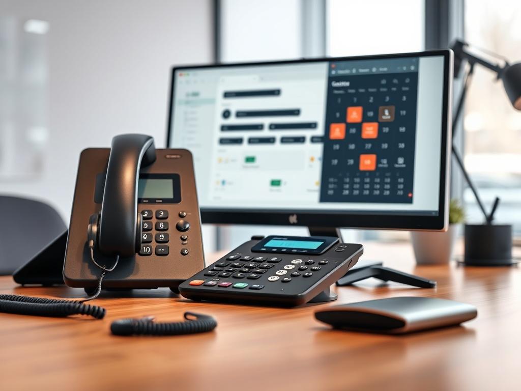 A close-up shot of a modern office desk featuring high-tech telephony equipment, including a sleek headset, a computer with a communication software interface on the screen, and a calendar app open for appointment scheduling. The background should be softly blurred to emphasize the desk setup while keeping a clean and professional aesthetic. The overall color scheme should complement the primary color rgb(213, 182, 2) with warm lighting and a minimalist design.