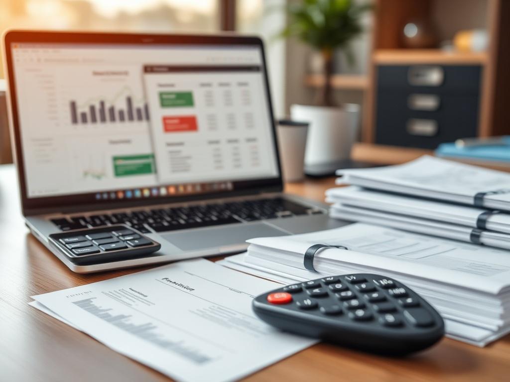 A realistic high-resolution close-up shot of a professional workspace featuring a laptop displaying financial software, alongside a neatly organized stack of invoices and a calculator. The background should be softly blurred to emphasize the workspace's functionality, with warm, inviting lighting that highlights the primary color rgb(213, 182, 2). The composition should focus solely on the workspace elements, conveying a sense of organization and efficiency in financial operations.