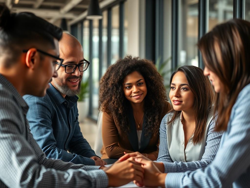 A close-up portrait of a diverse group of professionals collaborating in a modern office space. The image should capture a solo founder discussing strategies with a team of small business owners, showcasing a blend of technology and human interaction. The background should feature sleek, contemporary office design elements, with natural light pouring in through large windows. The overall tone should be professional and dynamic, emphasizing teamwork and innovation.