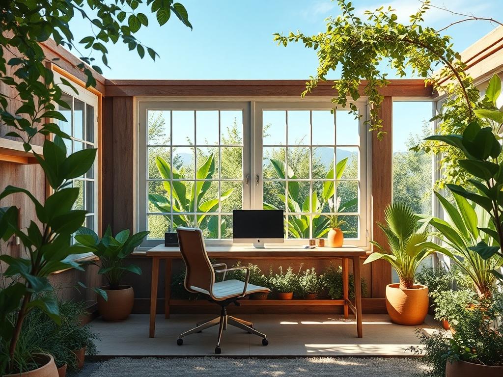 A serene yard office surrounded by greenery, showcasing large windows