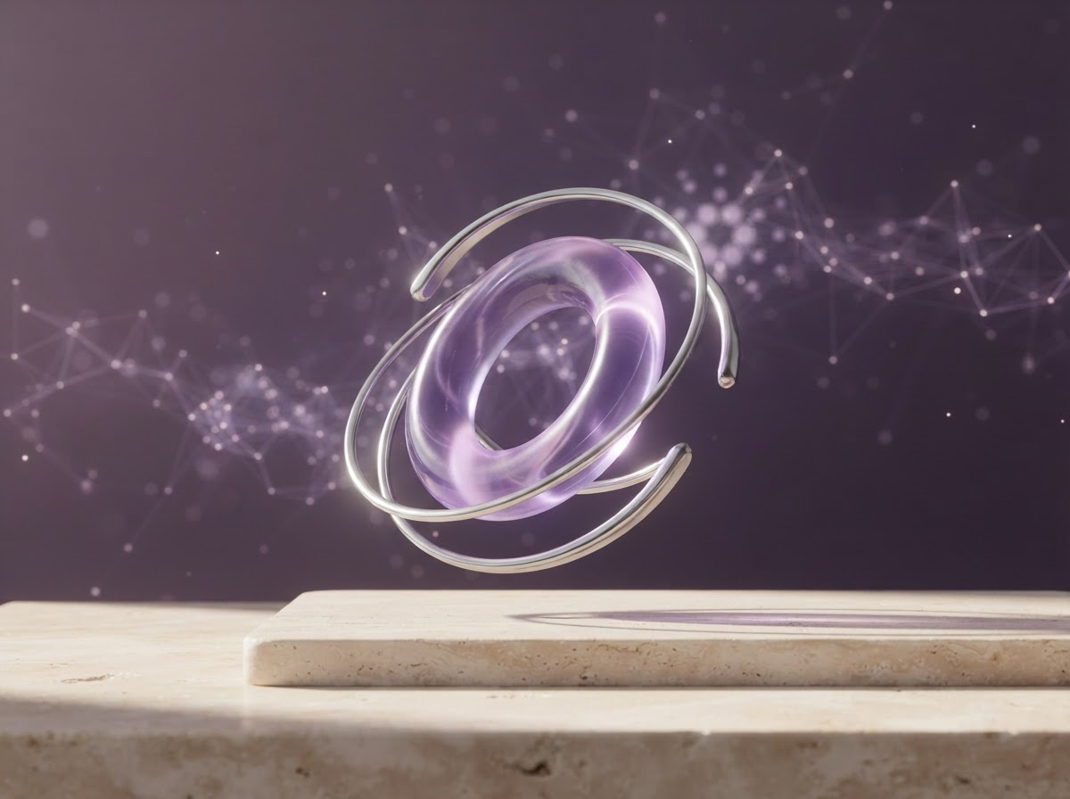 Sculptural violet glass loops and silver arcs arranged like a quiet digital constellation