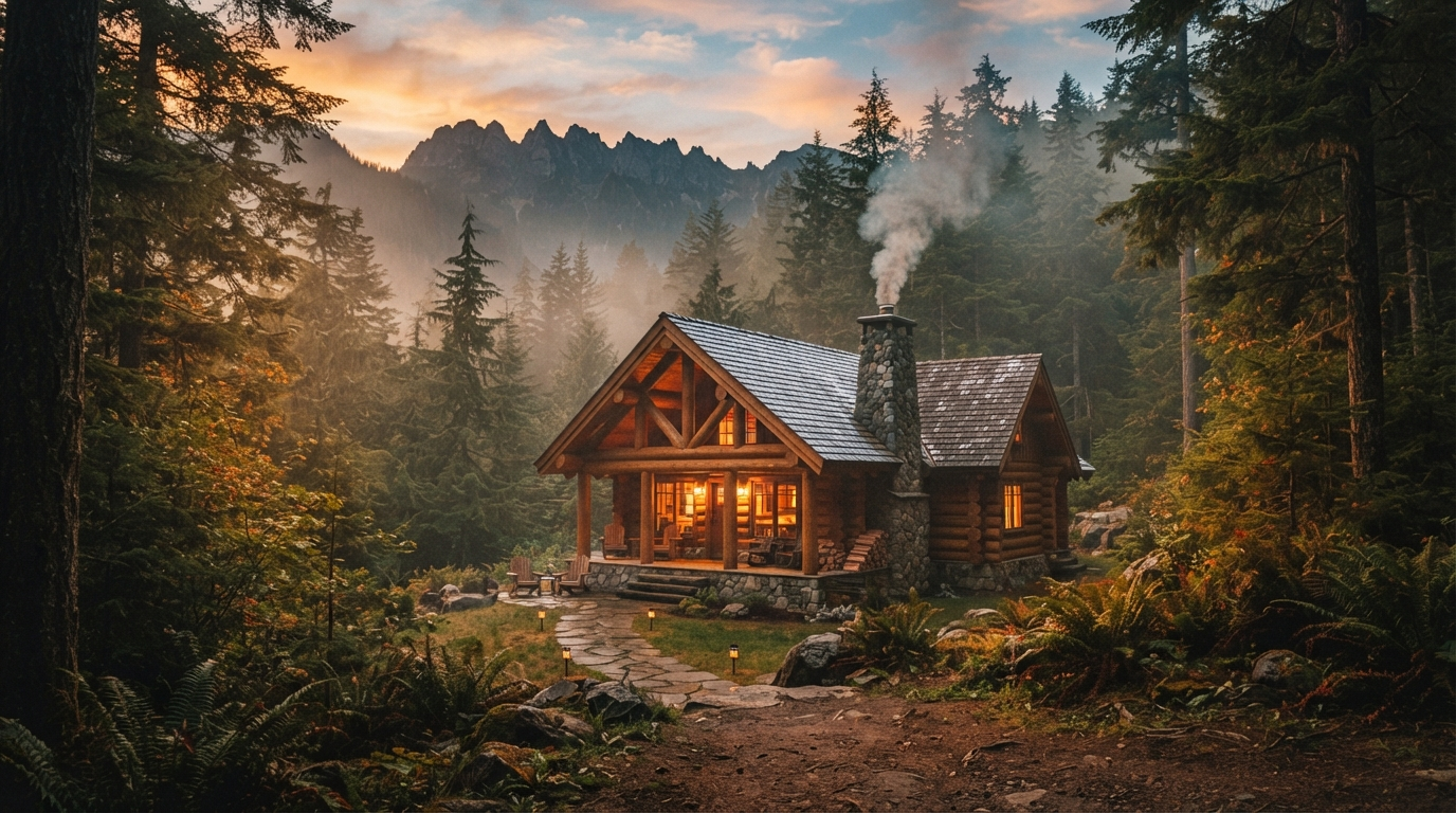 Misty mountain cabin at golden hour