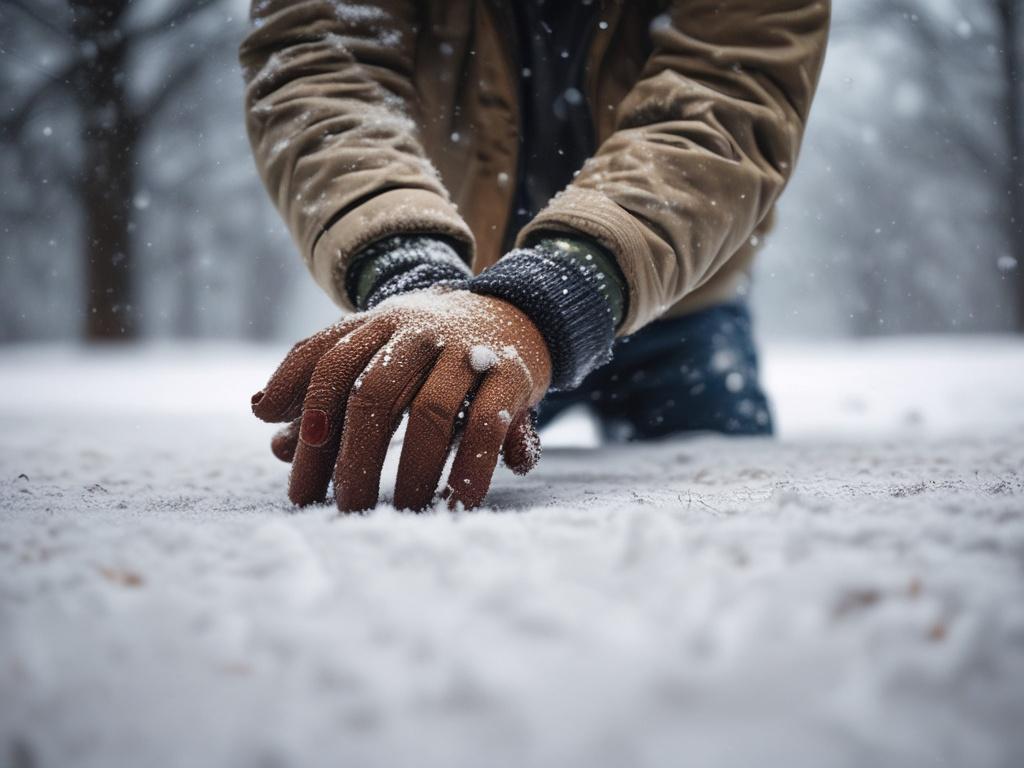 A man from the shoulders down, wearing a warm jacket and gloves, is applying salt to a snowy driveway during a snowstorm. The scene captures the falling snowflakes, creating a wintery atmosphere. The focus is on the man's hands as he spreads the salt evenly, ensuring safety and accessibility. The background features a soft blur of falling snow and the outline of trees, enhancing the feeling of a snowy day. The colors are vibrant and contrast with the white of the snow, showcasing the importance of winter ma