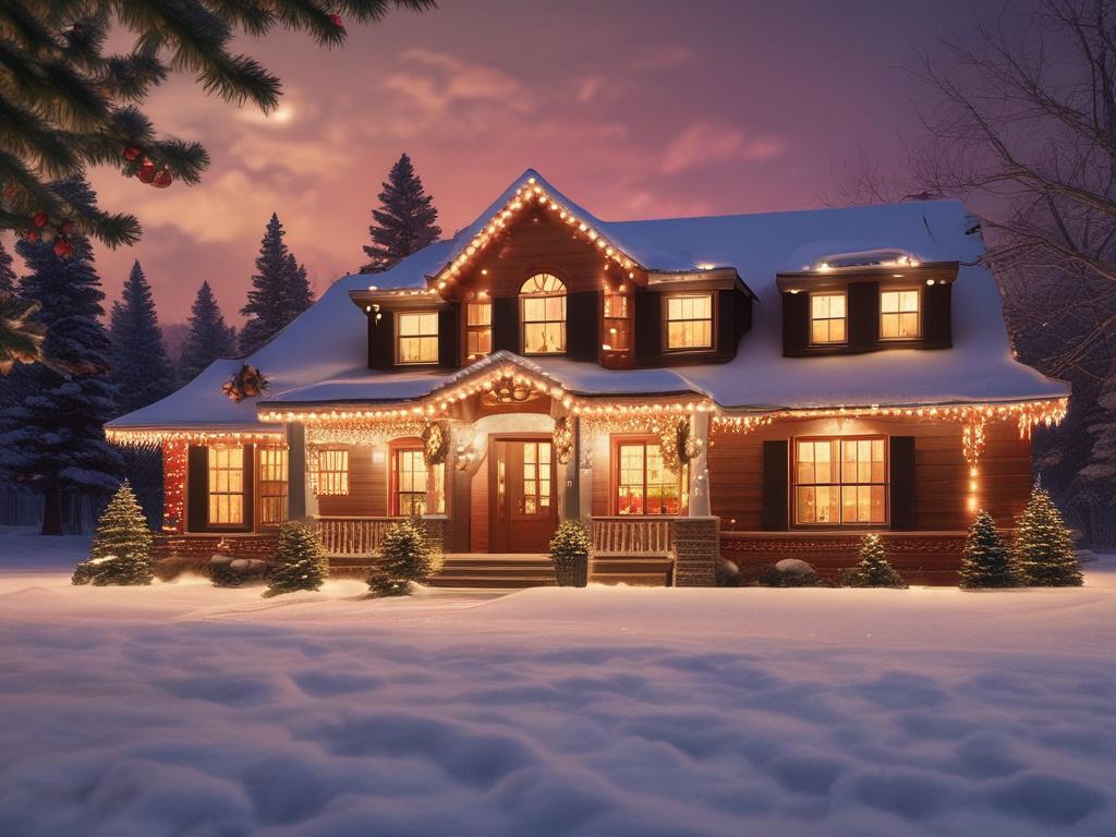 A beautifully decorated home exterior adorned with vibrant holiday lights. The focus is on a single house featuring an array of colorful LED lights outlining the roof, windows, and door, creating a festive atmosphere. The background is a softly illuminated snowy evening sky, enhancing the warmth and charm of the scene. The image should be shot in hyper-realistic detail with a 45mm f/1.2 lens style to capture the brilliance of the lights and the cozy feel of the holiday season.