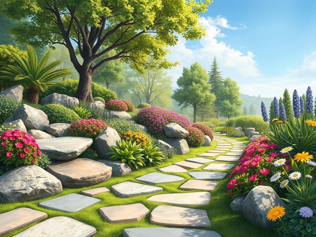 A high-quality illustration of a beautifully landscaped garden featuring decorative stones integrated into a pathway and around vibrant flower beds. The stones vary in size and color, complementing the lush greenery. The background highlights a serene setting with trees and a clear blue sky, evoking a sense of tranquility and harmony in nature.