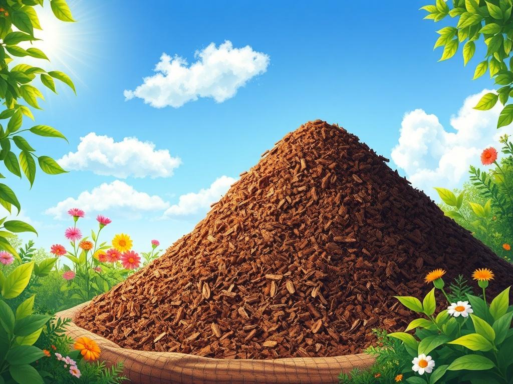 A vibrant, high-quality illustration of a pile of premium mulch in a garden setting, surrounded by lush green plants and flowers. The mulch should appear rich and textured, showcasing its organic quality. The background features a sunny day with a clear blue sky and a few fluffy clouds, emphasizing the freshness of the mulch. The overall color palette should be bright and inviting, highlighting the contrast between the mulch and the surrounding greenery.