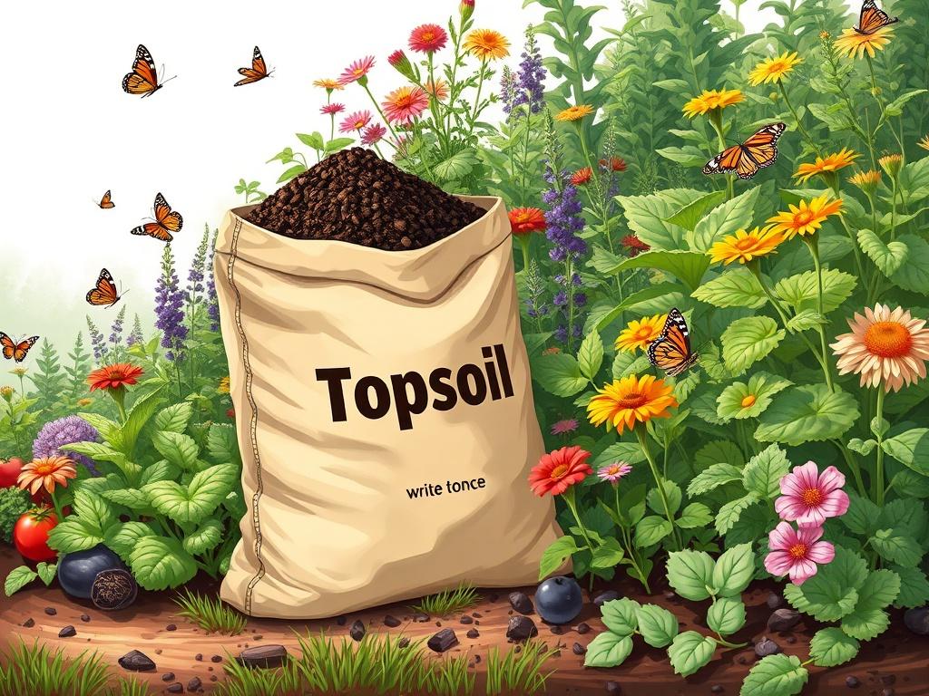 An illustration of a bag of rich, dark topsoil placed beside a flourishing vegetable garden. The garden is bursting with various plants, showcasing healthy growth and vibrant colors. The background depicts a sunny day, with a few butterflies fluttering around, adding to the lively atmosphere. The topsoil bag should be prominently displayed, emphasizing its quality and natural appeal.