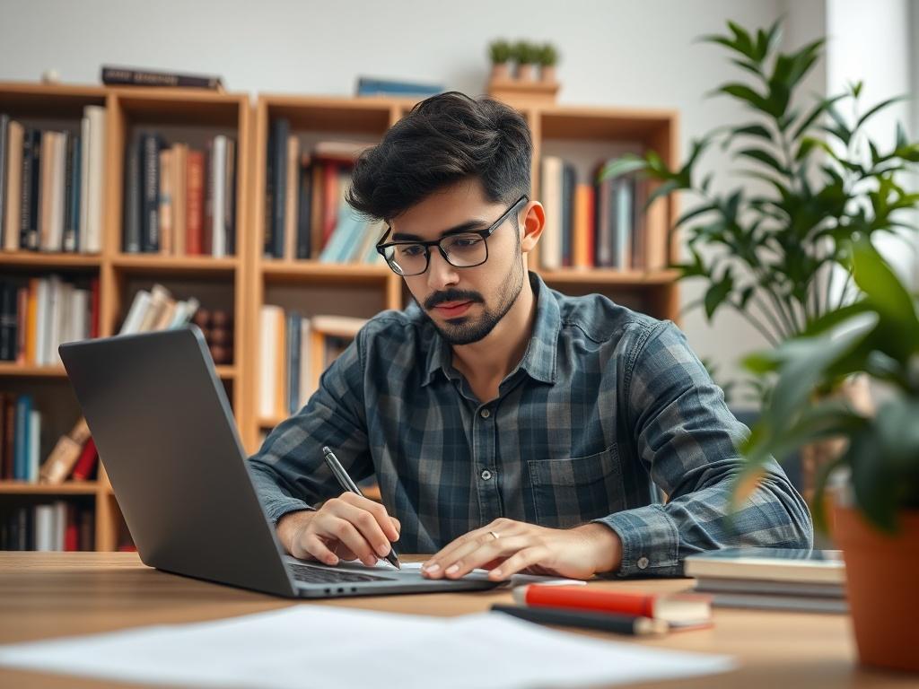 A close-up shot of a professional writer at a desk, typing on a laptop with a focused expression. The background features bookshelves filled with various books and a plant in the corner, creating a cozy yet productive atmosphere. The composition should highlight the writer's concentration on their work, capturing the essence of creativity and professionalism in content creation. Use a hyper-realistic style with a depth of field that softly blurs the background while keeping the writer in sharp focus.